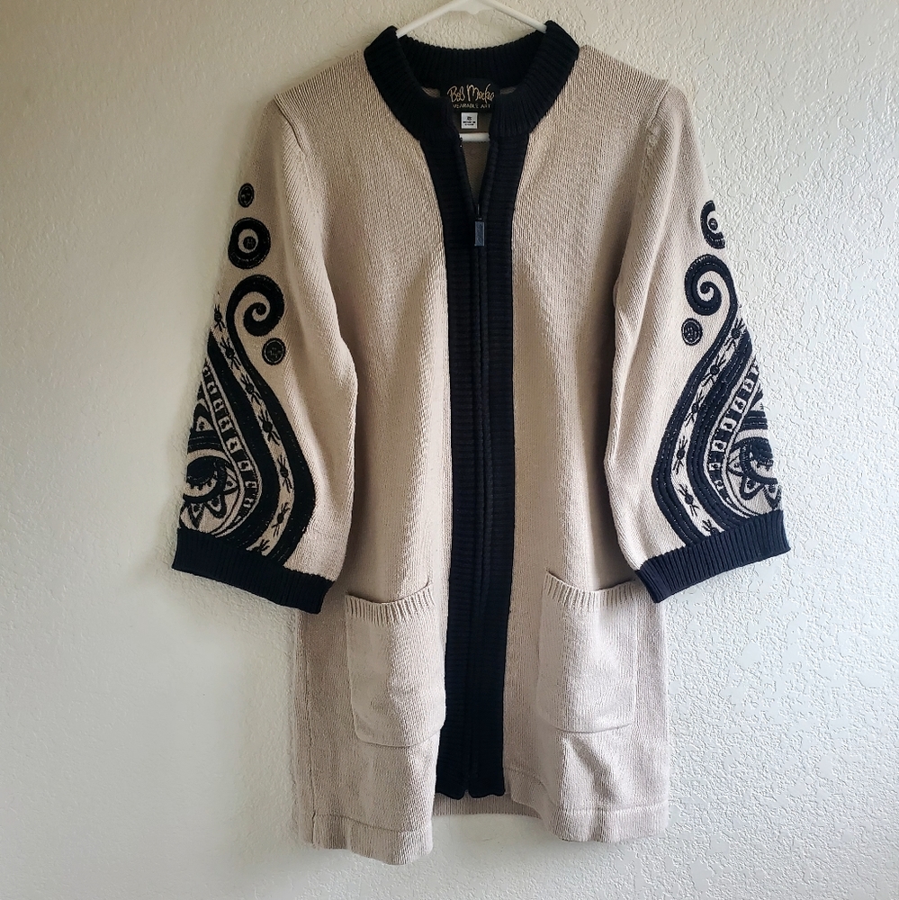 Bob Mackie Zipper‎ Cardigan Cream/Black Art To Wear Embroidered Minimalist Layer